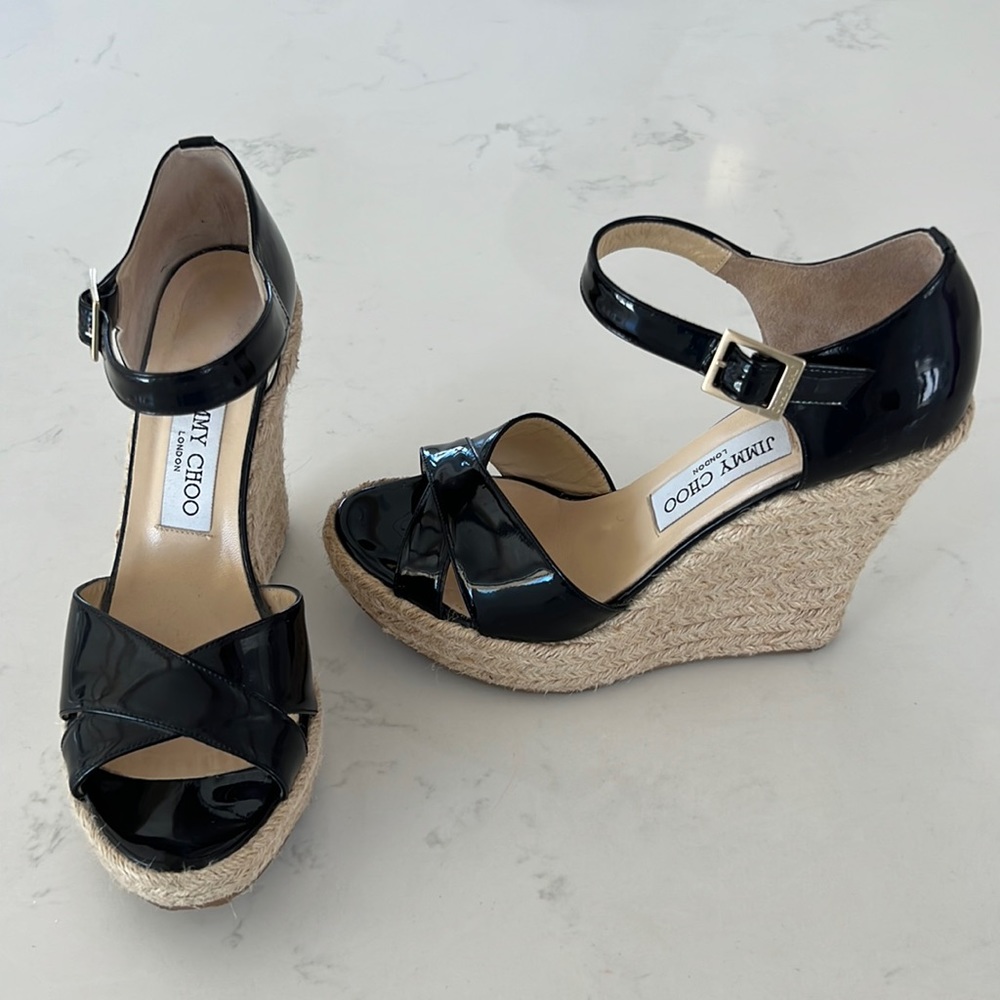Jimmy Choo Pallis Patent Leather Woven Jute Platform Sandals Wedges Heels 38
